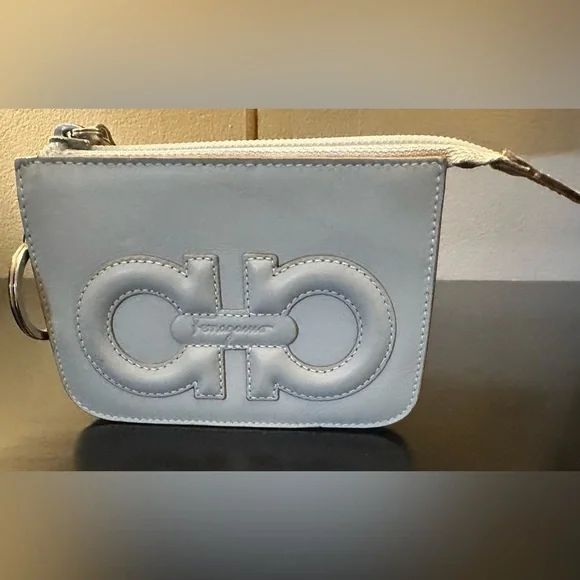 Salvatore Ferragamo Blue Grey Leather Coin Purse Card Case Keyring - Picture 3 of 6